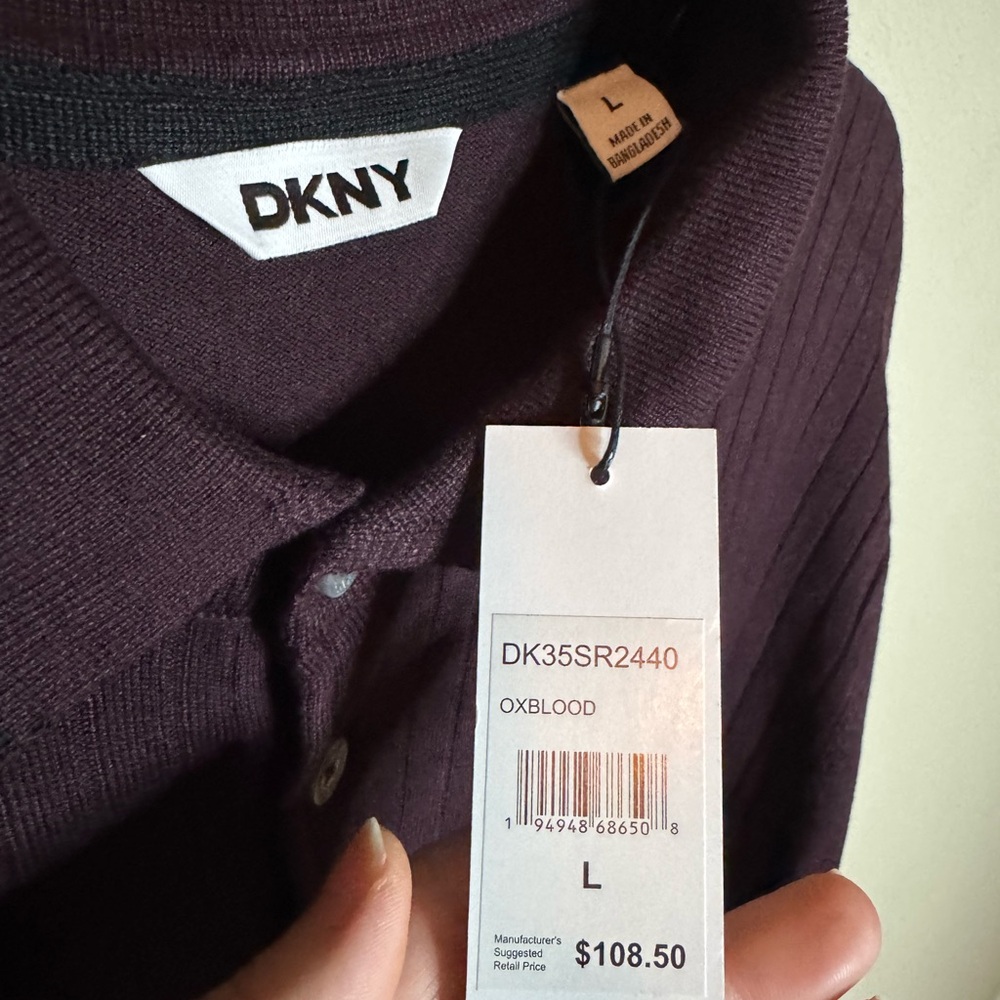 DKNY Men’s Oxblood Ribbed Knit Sweater Polo L NWT - Picture 2 of 3